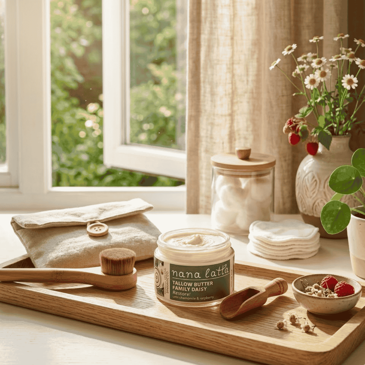 Otevřený kelímek lojového balzámu „Tallow Butter Family Daisy“ na dřevěném podnosu u okna, obklopený kosmetickým štětcem, dřevěnou odměrkou, lněnou taštičkou, bavlněnými tampony a vázou s lučním kvítím.